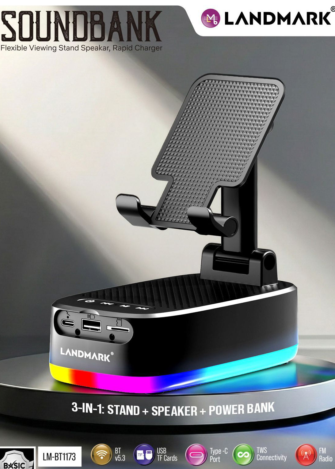 3 in 1 Bluetooth Speaker with Mobile Stand & Power Bank