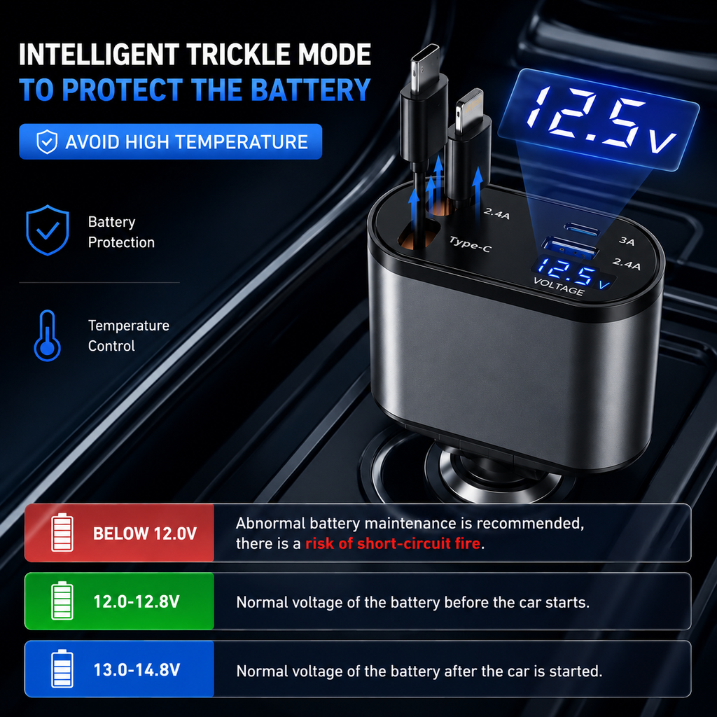 Premium 4-in-1 Car Phone Charger with Dual Retractable Cables